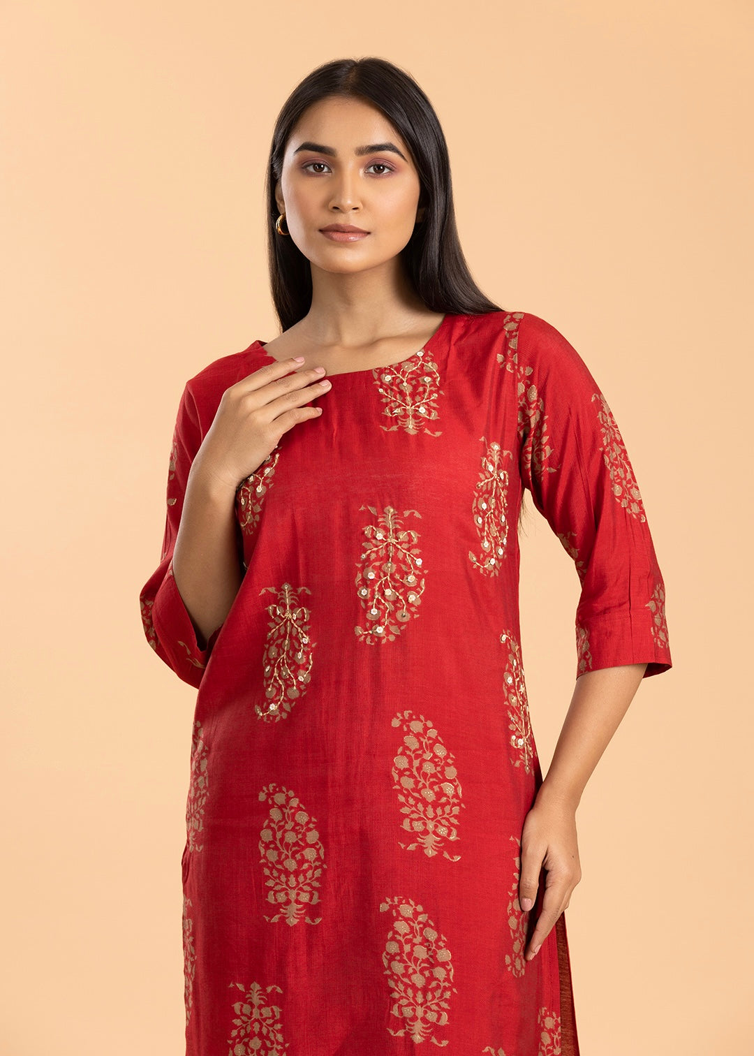 Red Printed Rayon Cotton Suit with Pant and Dupatta