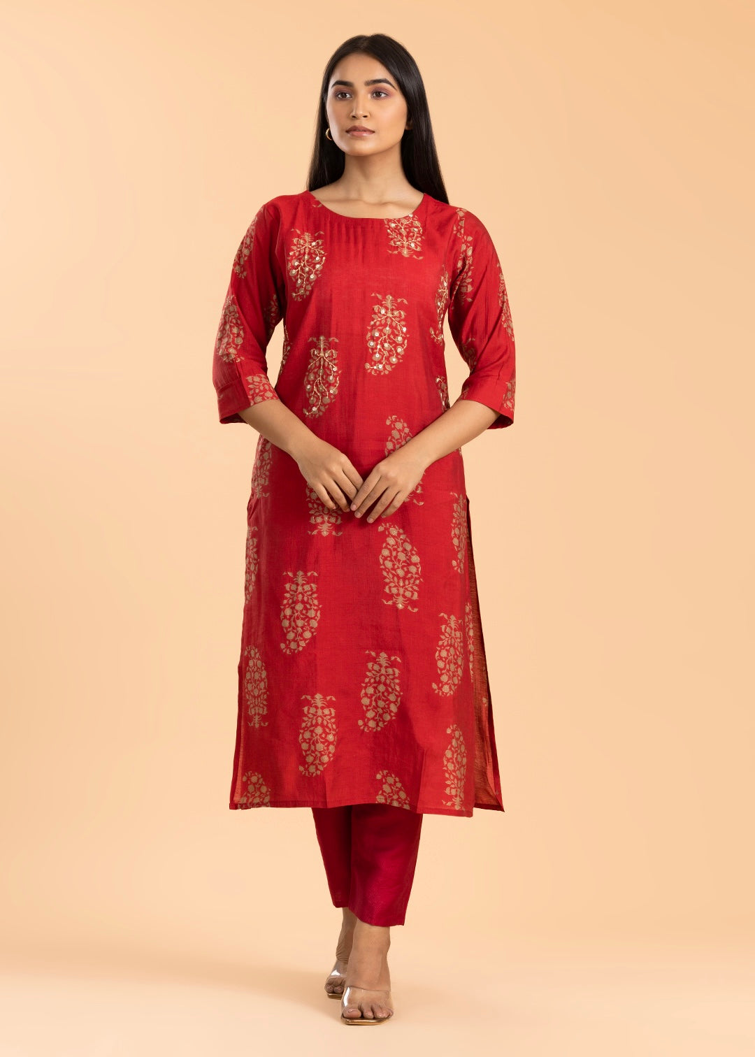 Red Printed Rayon Cotton Suit with Pant and Dupatta