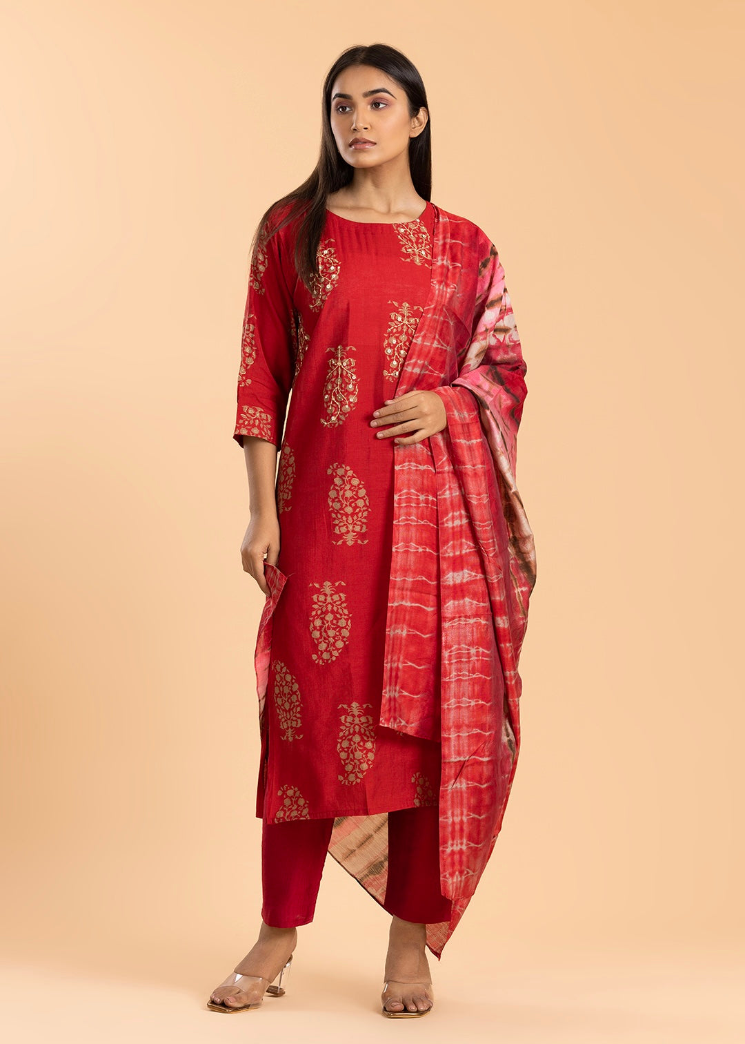 Red Printed Rayon Cotton Suit with Pant and Dupatta