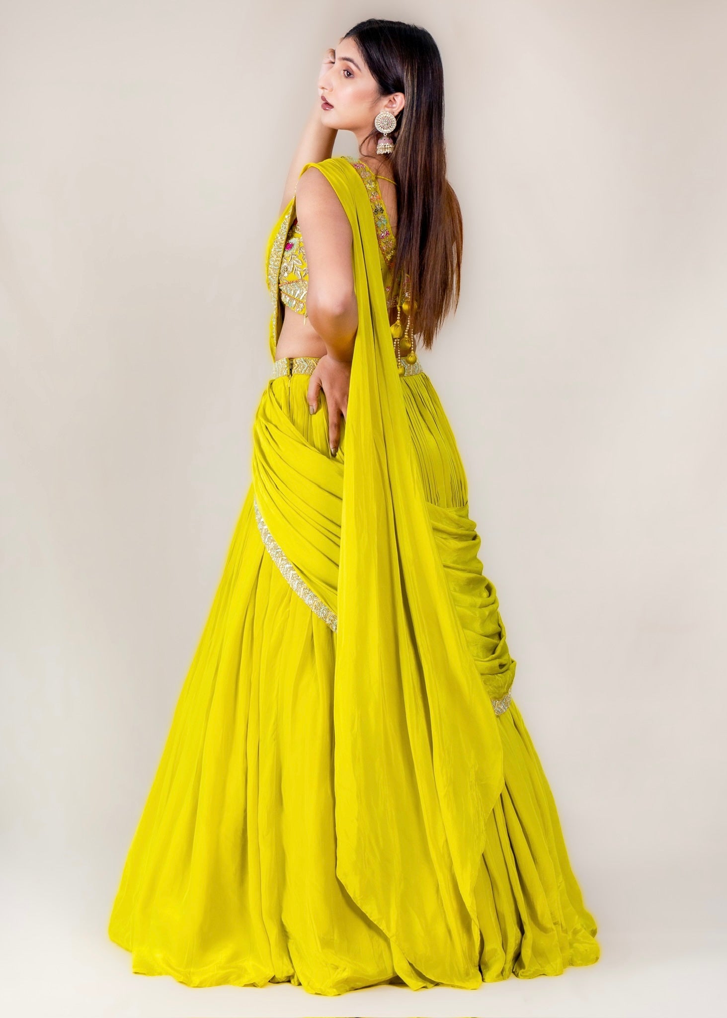 Lemon Yellow Drape Lehenga with Readymade blouse