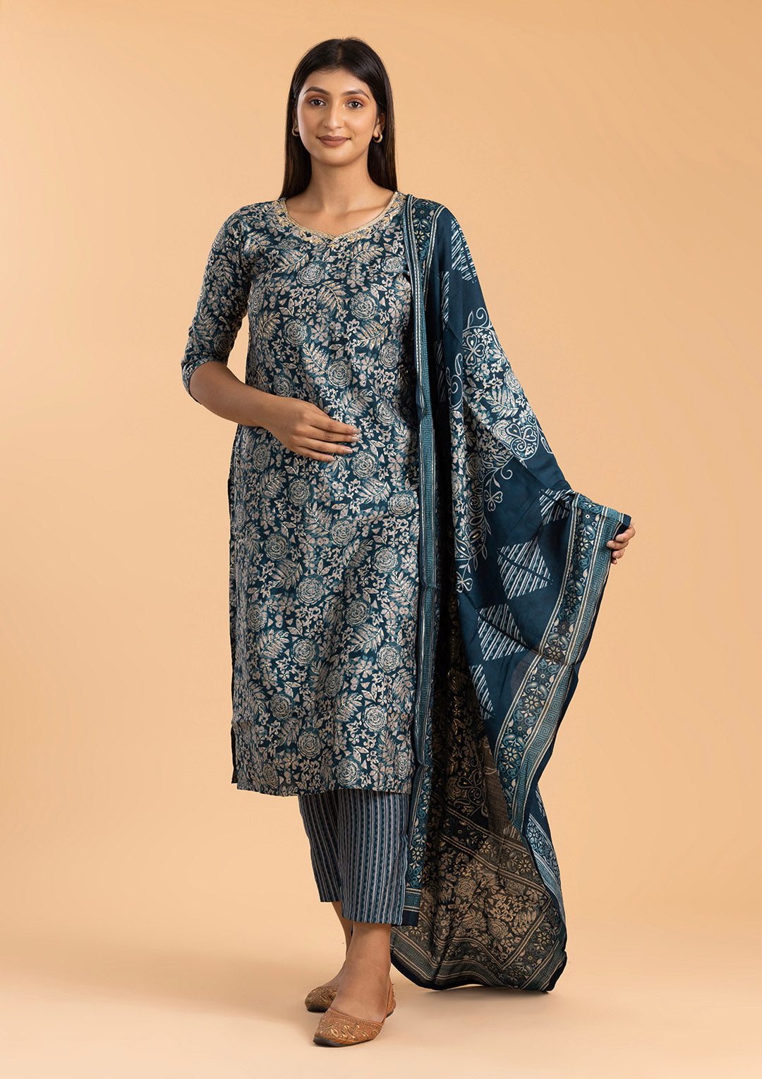 Blue Printed Pant Suit in Muslin Cotton