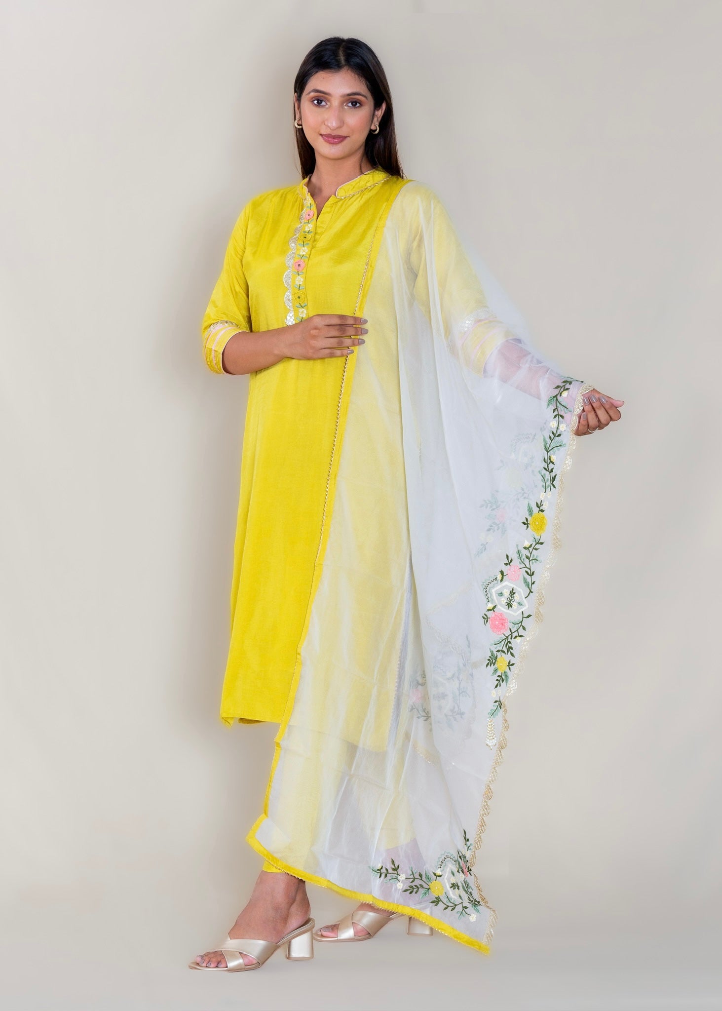 Yellow Chanderi Cotton Kurta with Pant and Dupatta