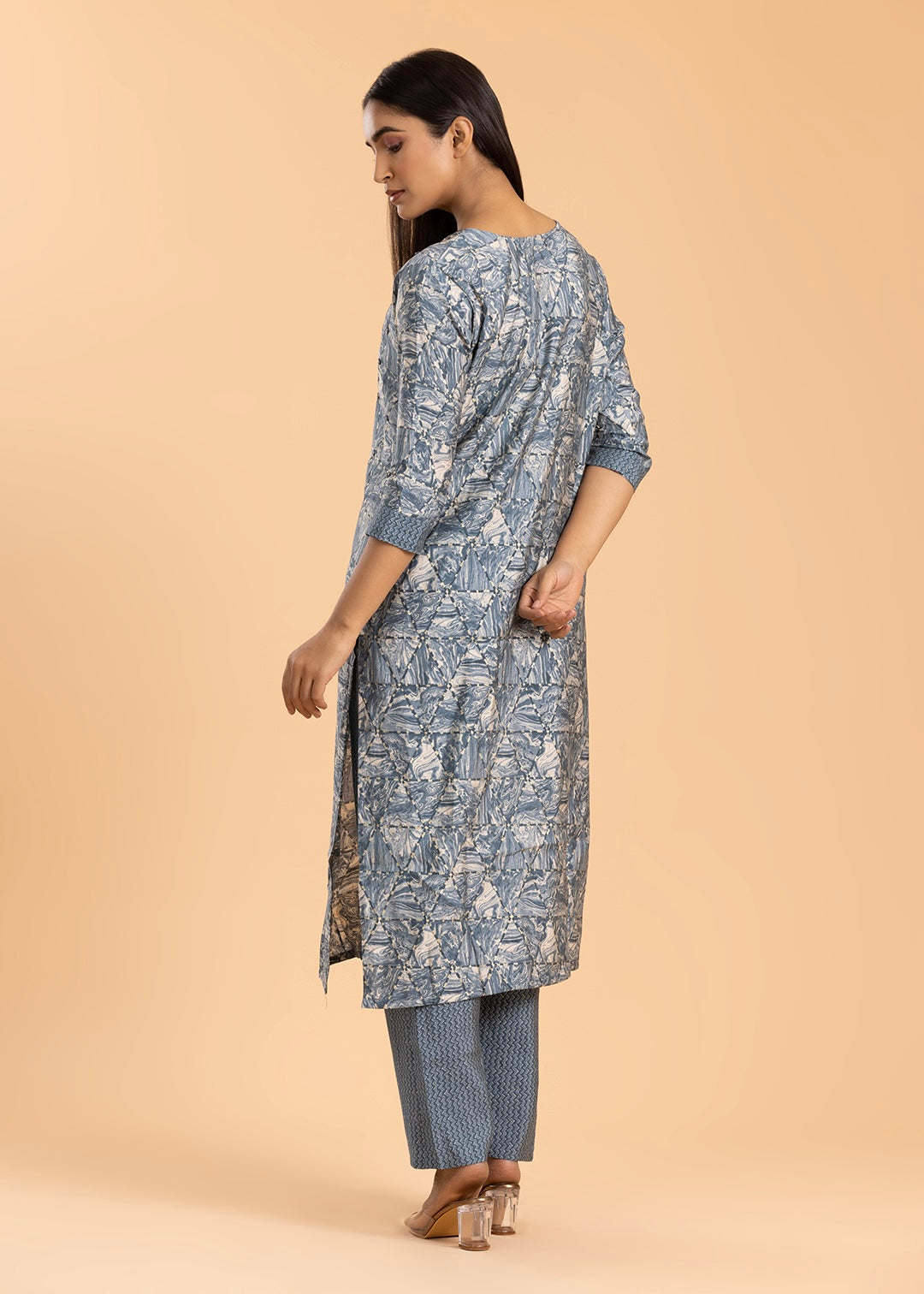 Grey Printed Pant Suit in Muslin Cotton