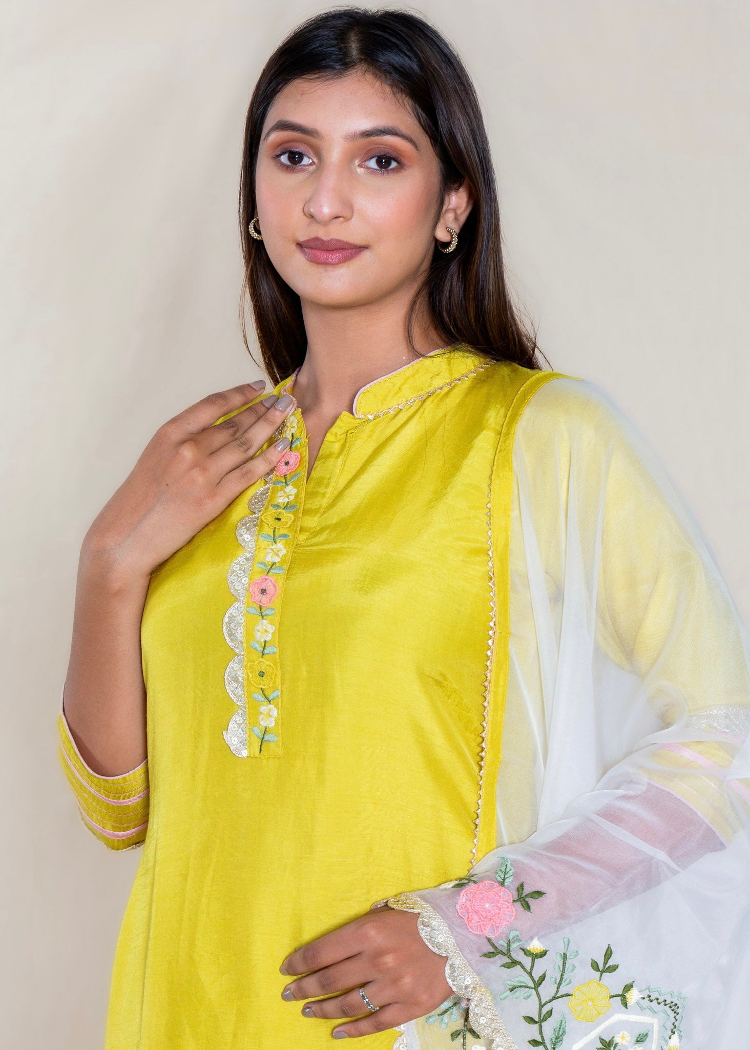 Yellow Chanderi Cotton Kurta with Pant and Dupatta