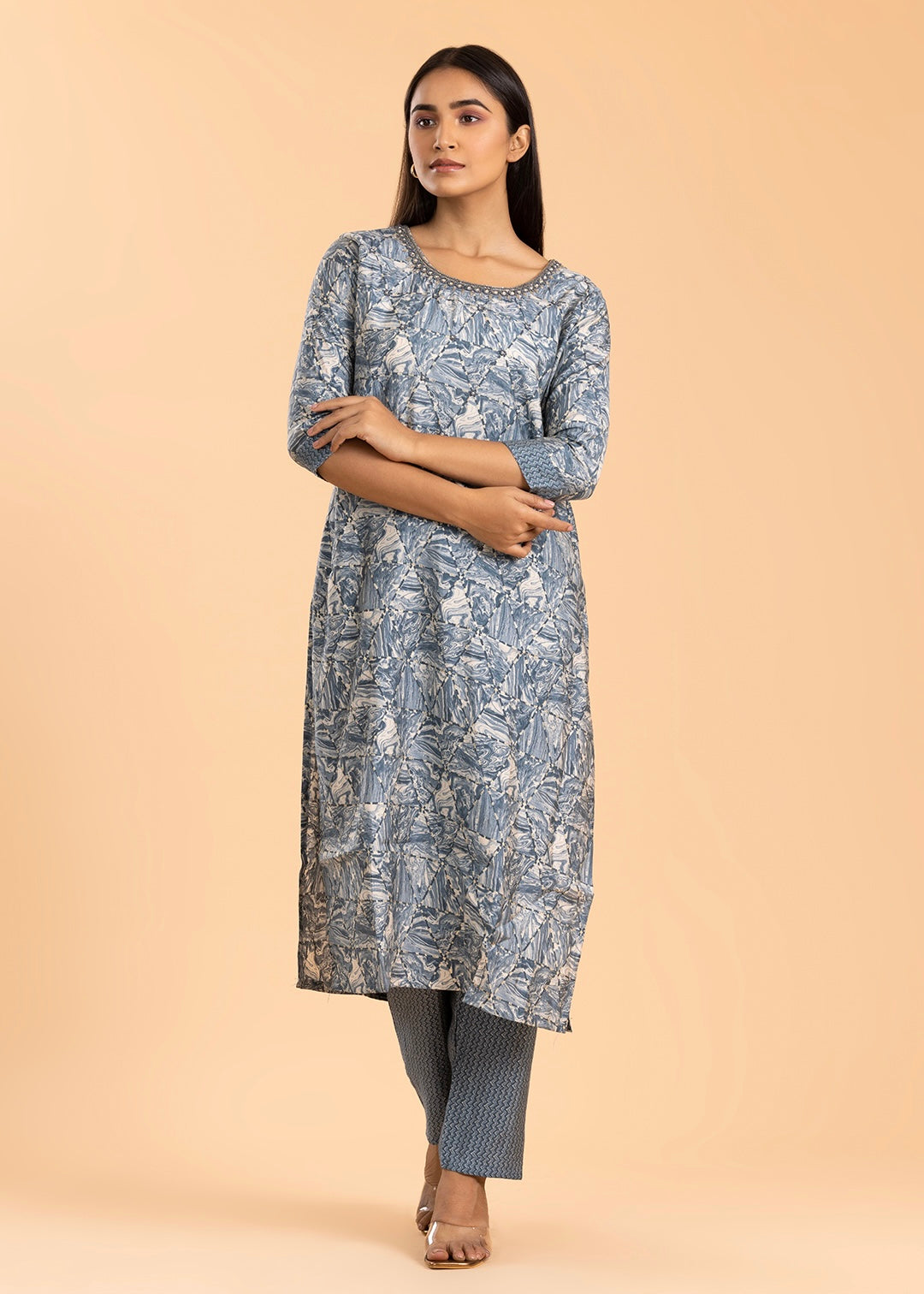 Grey Printed Pant Suit in Muslin Cotton