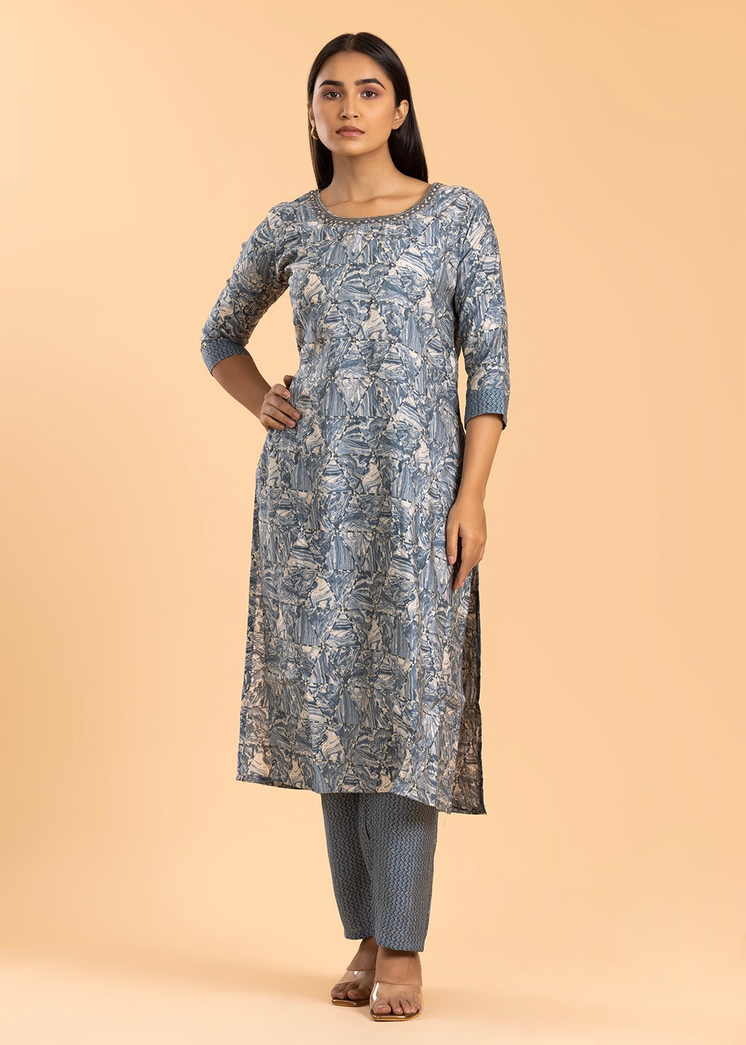 Grey Printed Pant Suit in Muslin Cotton