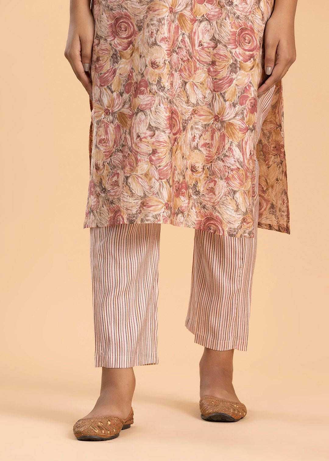 Peach Printed Pant Suit in Muslin Cotton