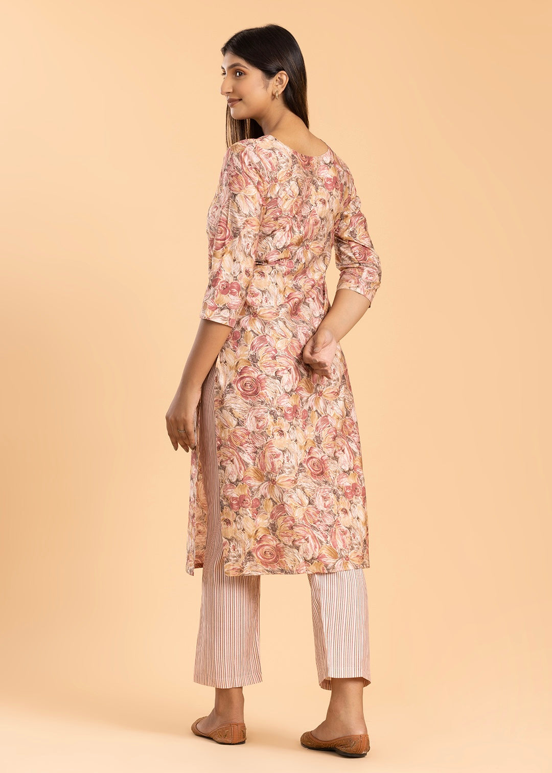 Peach Printed Pant Suit in Muslin Cotton