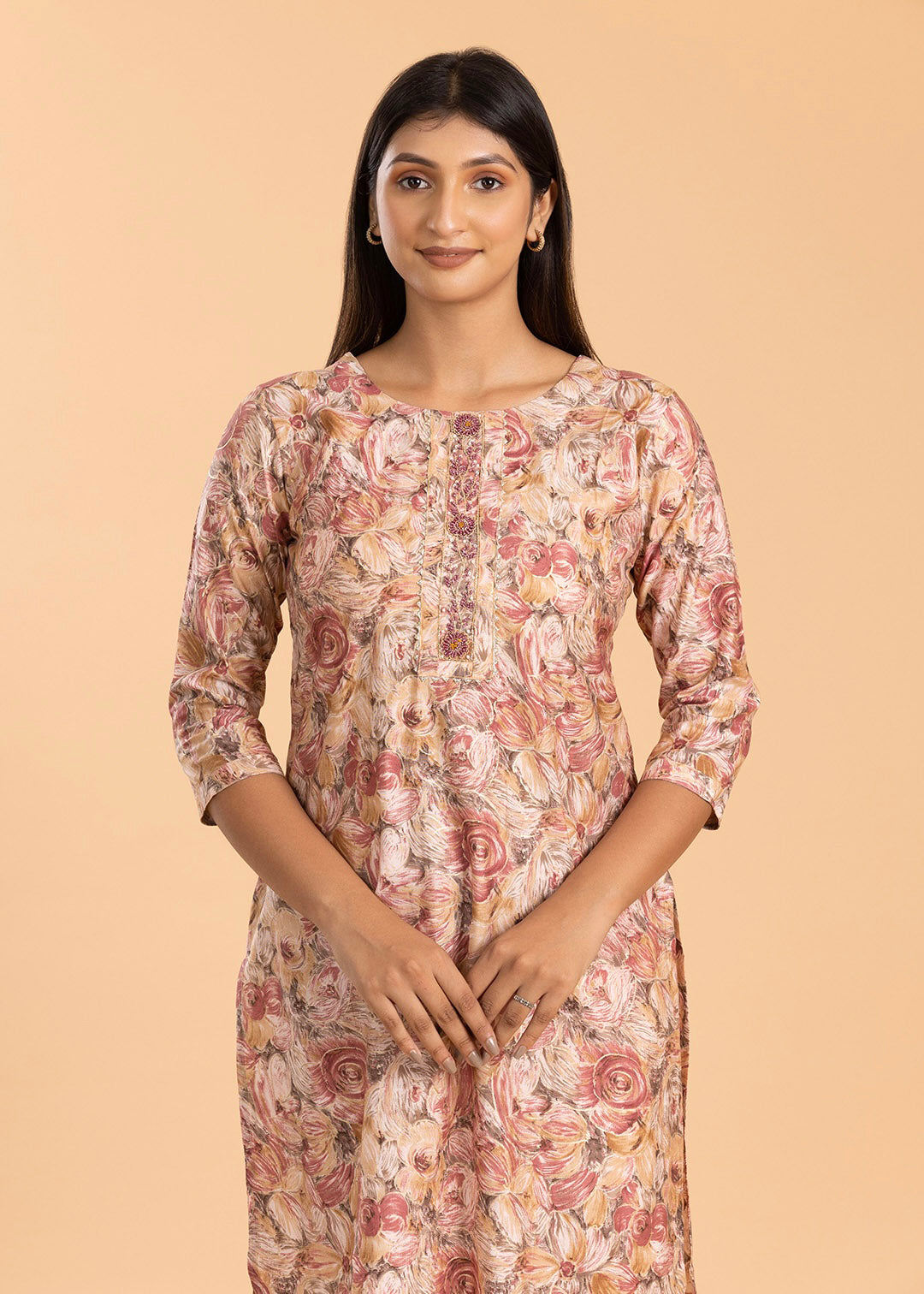 Peach Printed Pant Suit in Muslin Cotton