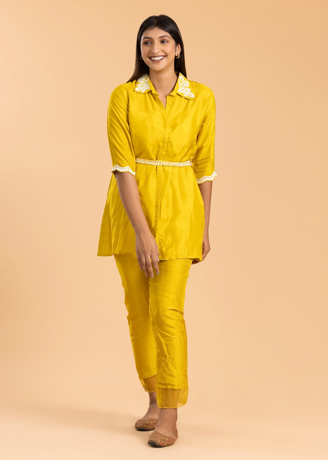 Yellow Solid Co-ord Set with Belt