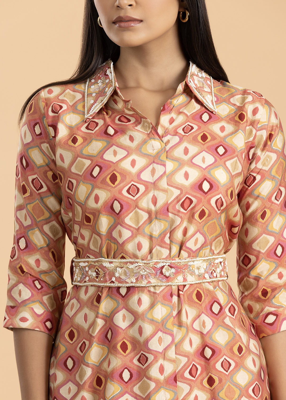 Peach Printed Co-ord Set with Belt