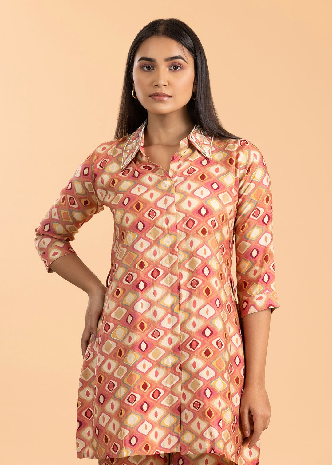 Peach Printed Co-ord Set with Belt