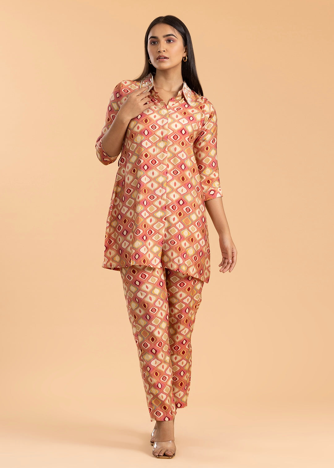 Peach Printed Co-ord Set with Belt