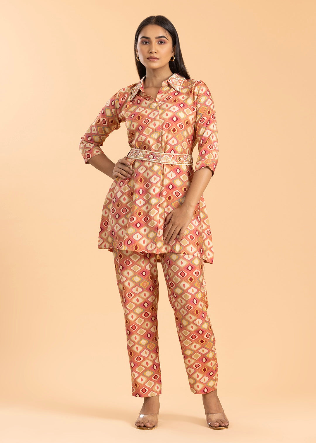 Peach Printed Co-ord Set with Belt