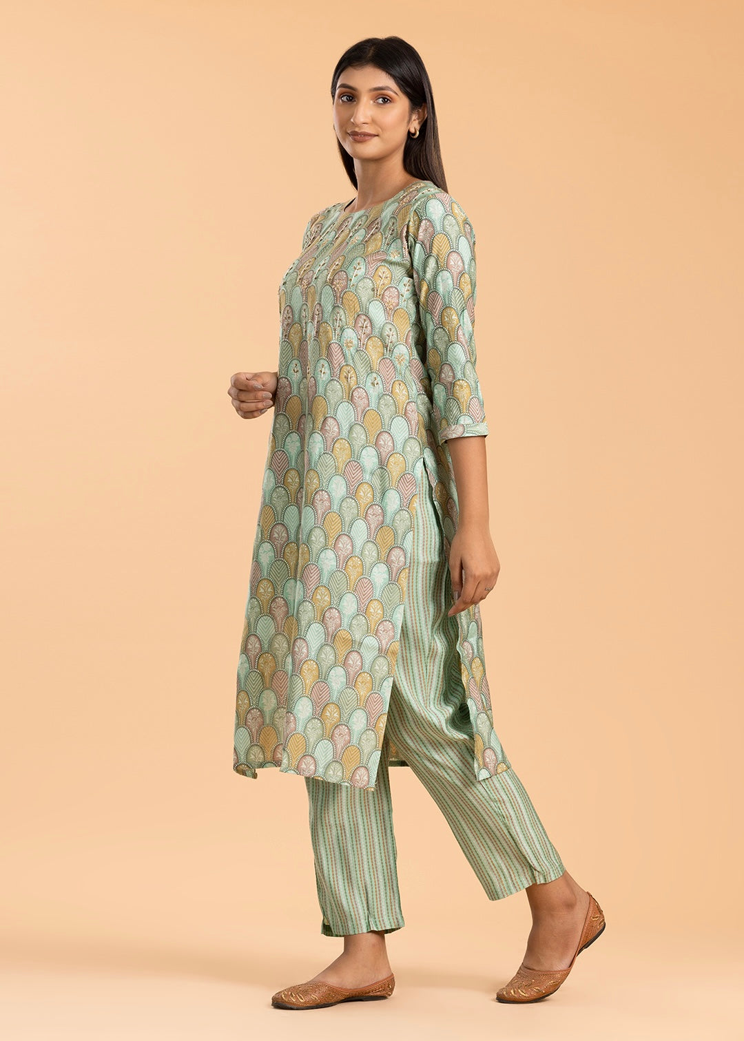 Sea Green Printed Pant Suit in Muslin Cotton