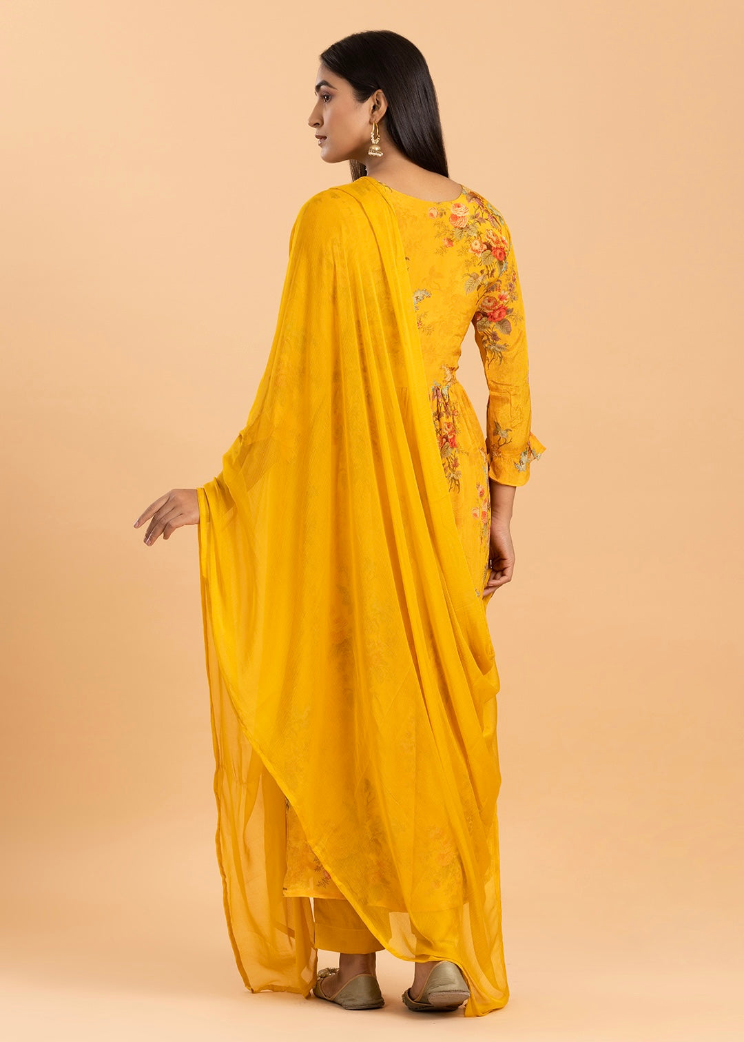 Yellow Floral Print Kurta in Chinon Fabric with Pant and Dupatta