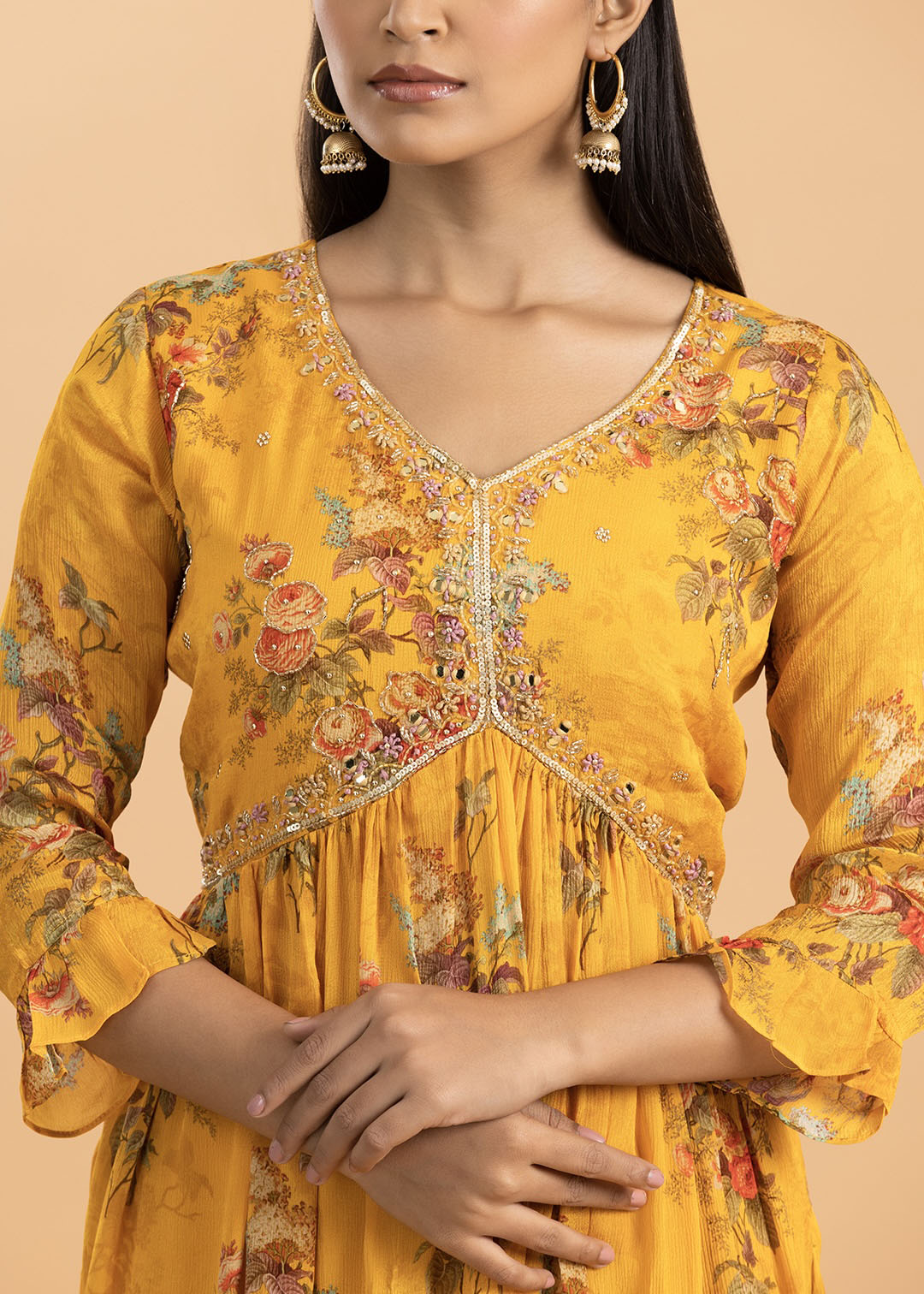 Yellow Floral Print Kurta in Chinon Fabric with Pant and Dupatta