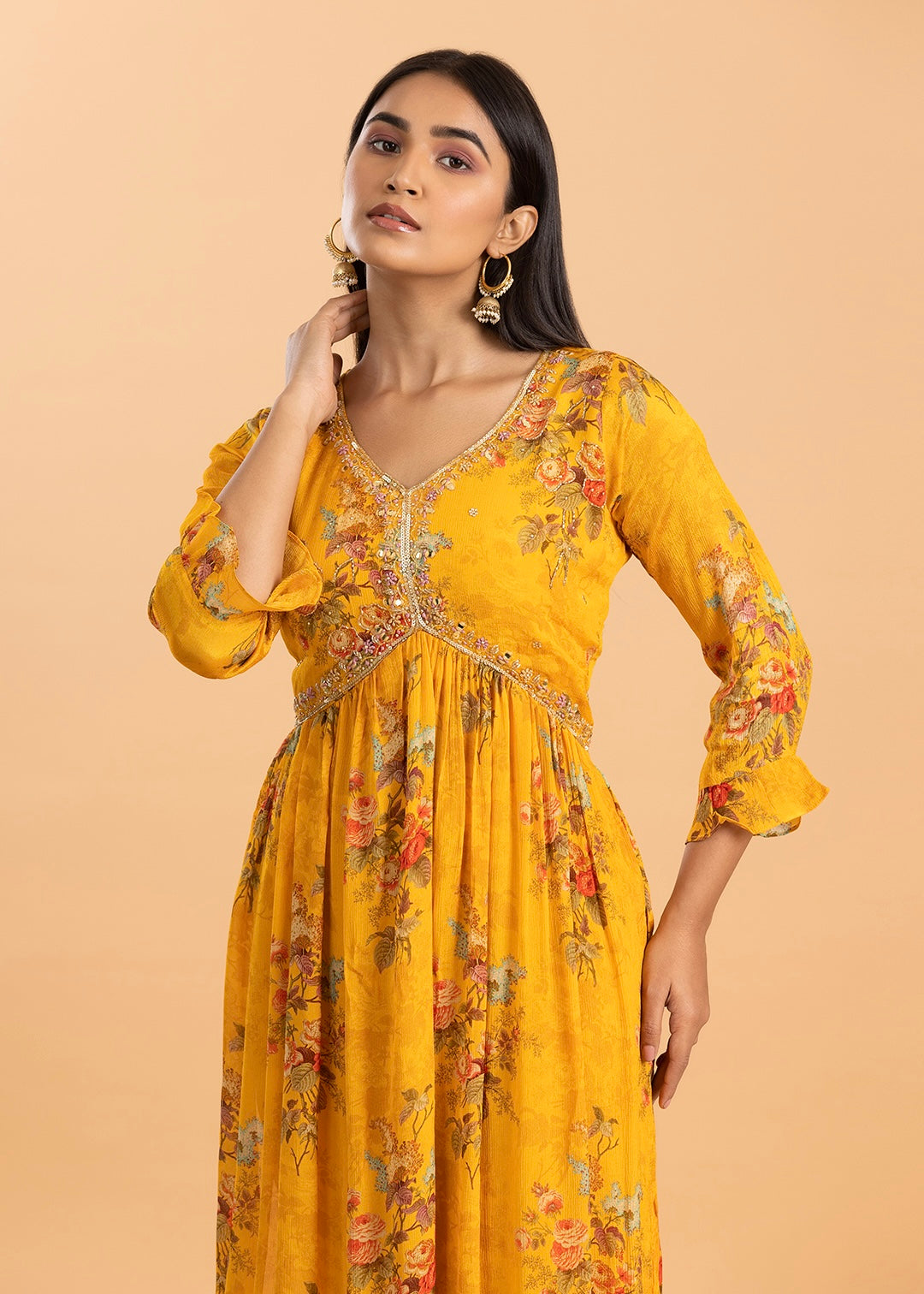 Yellow Floral Print Kurta in Chinon Fabric with Pant and Dupatta