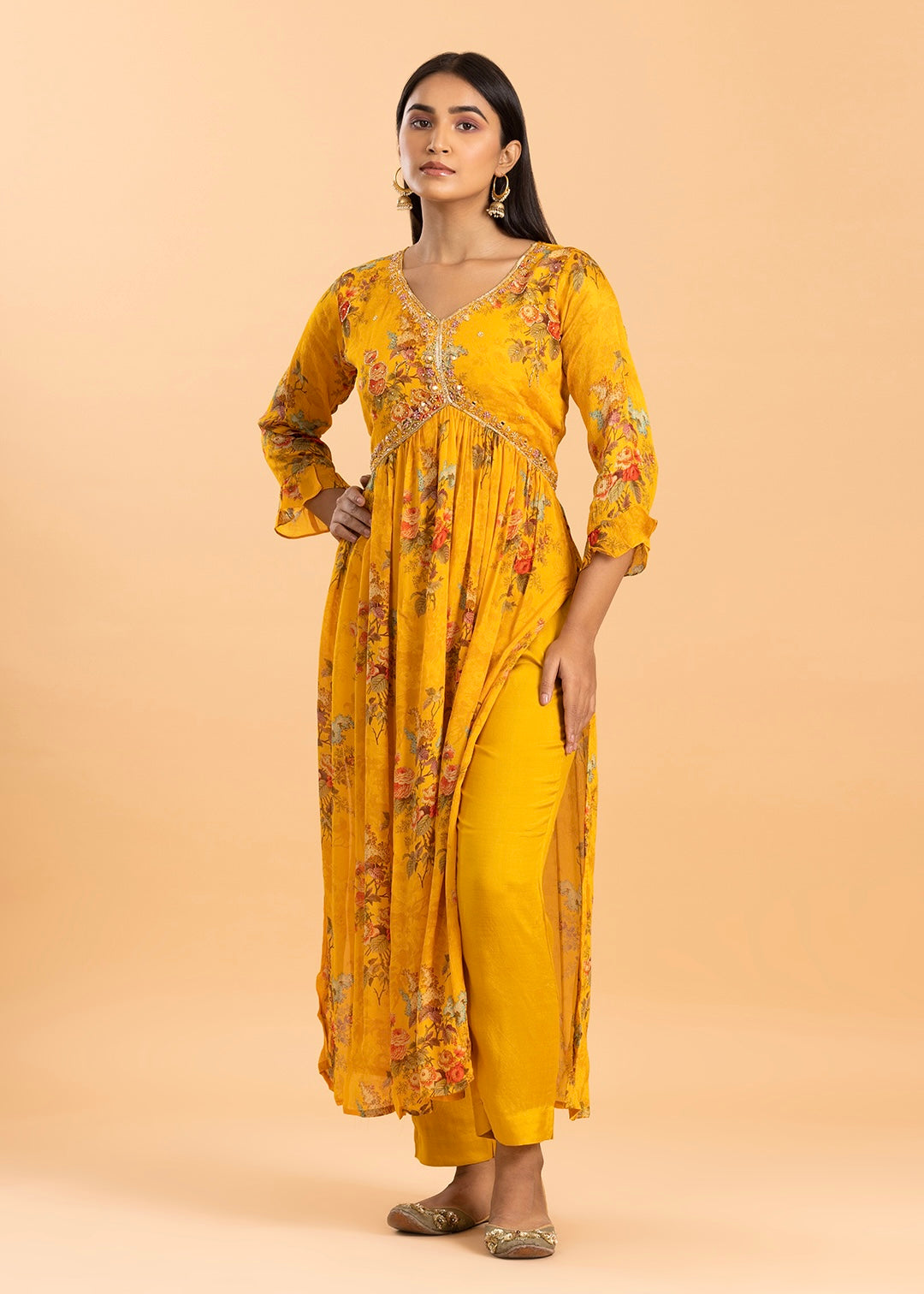 Yellow Floral Print Kurta in Chinon Fabric with Pant and Dupatta