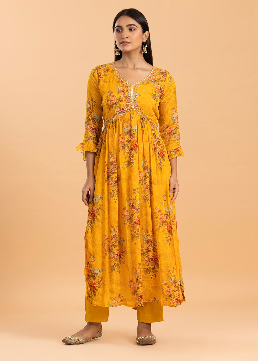 Yellow Floral Print Kurta in Chinon Fabric with Pant and Dupatta