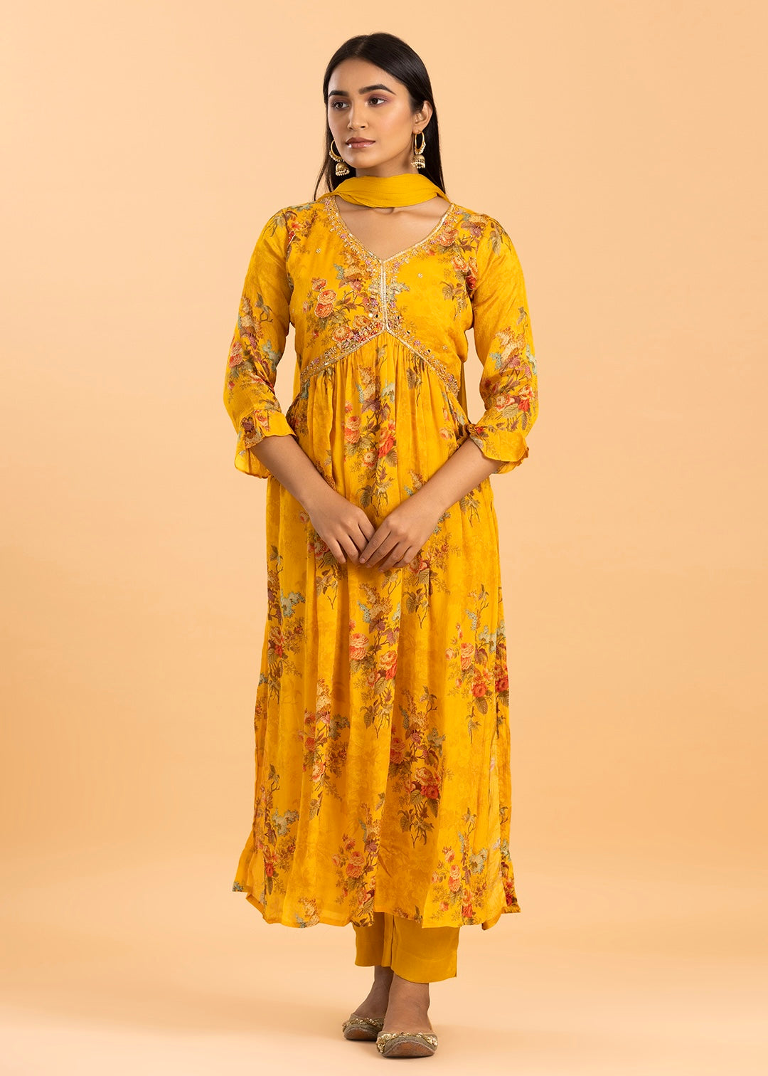 Yellow Floral Print Kurta in Chinon Fabric with Pant and Dupatta