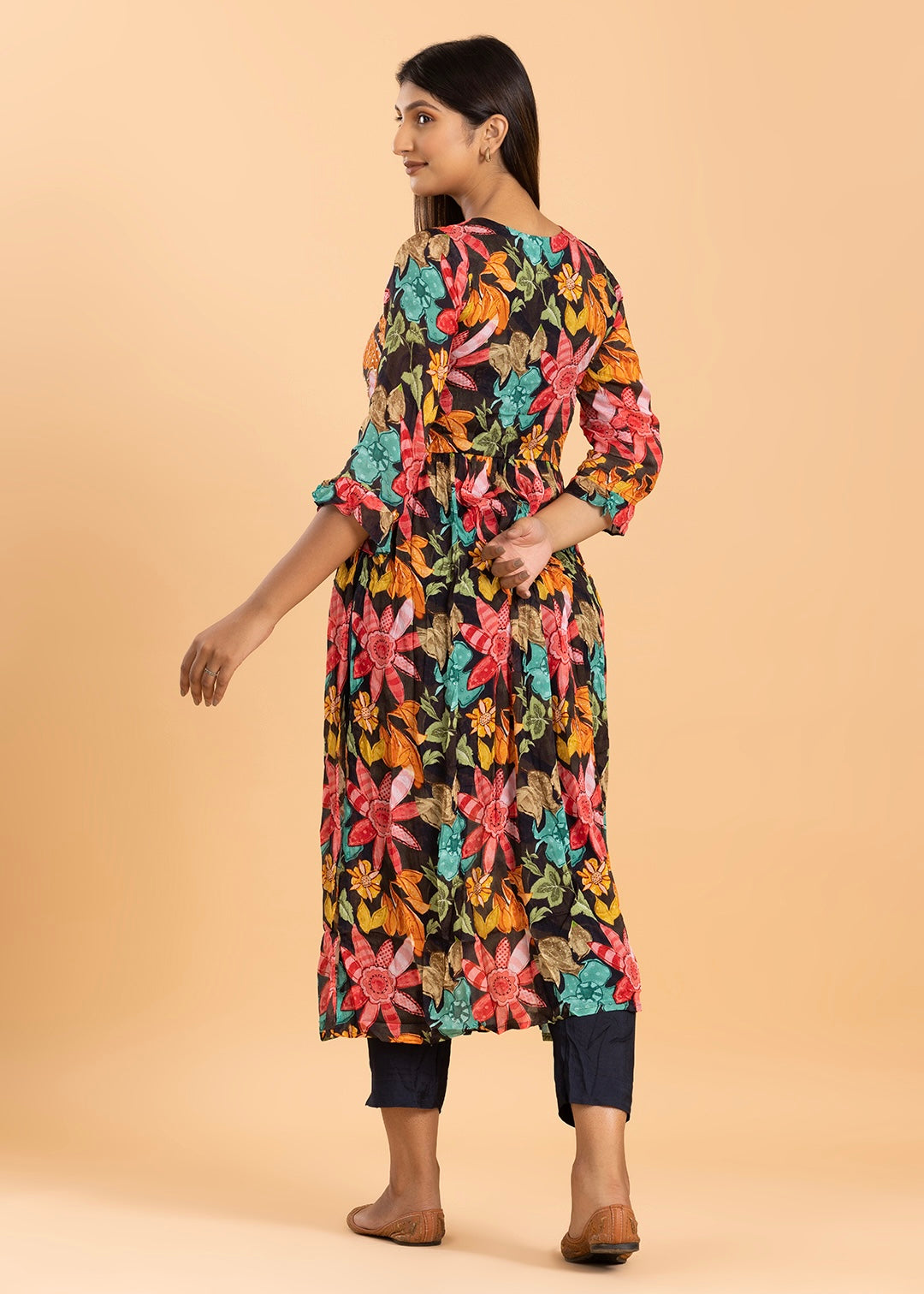 Black Floral Print Chinon Kurta Set