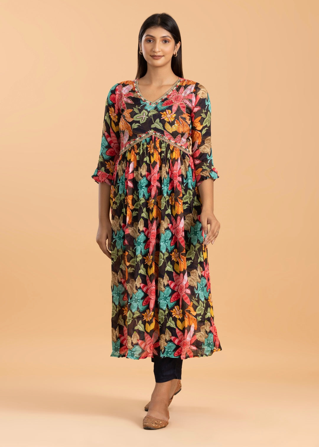 Black Floral Print Chinon Kurta Set