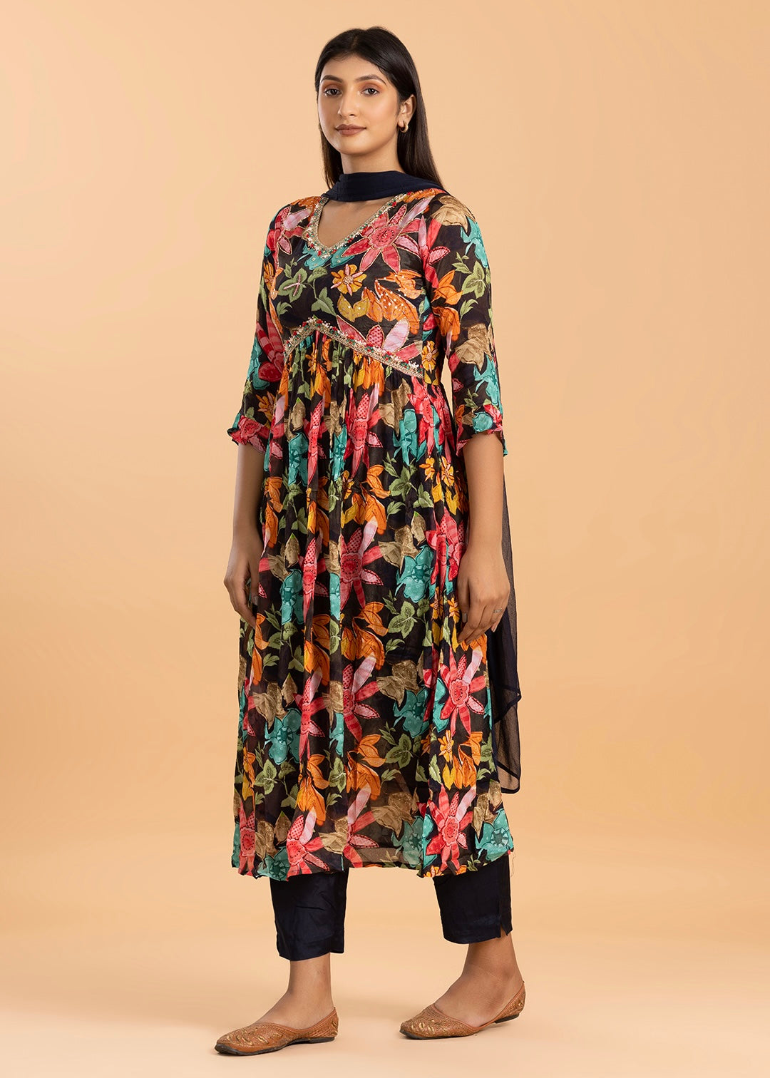 Black Floral Print Chinon Kurta Set