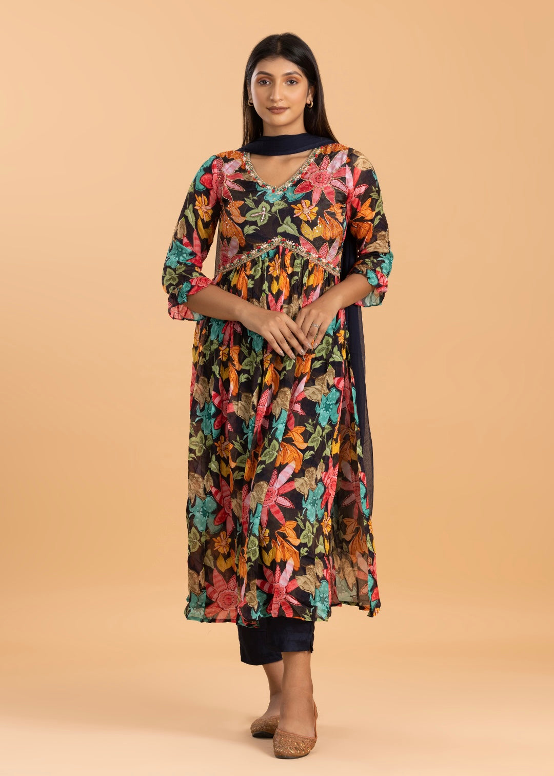 Black Floral Print Chinon Kurta Set