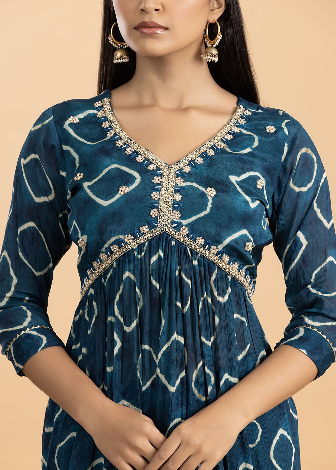 Blue Embroidered Chinon Kurta Set