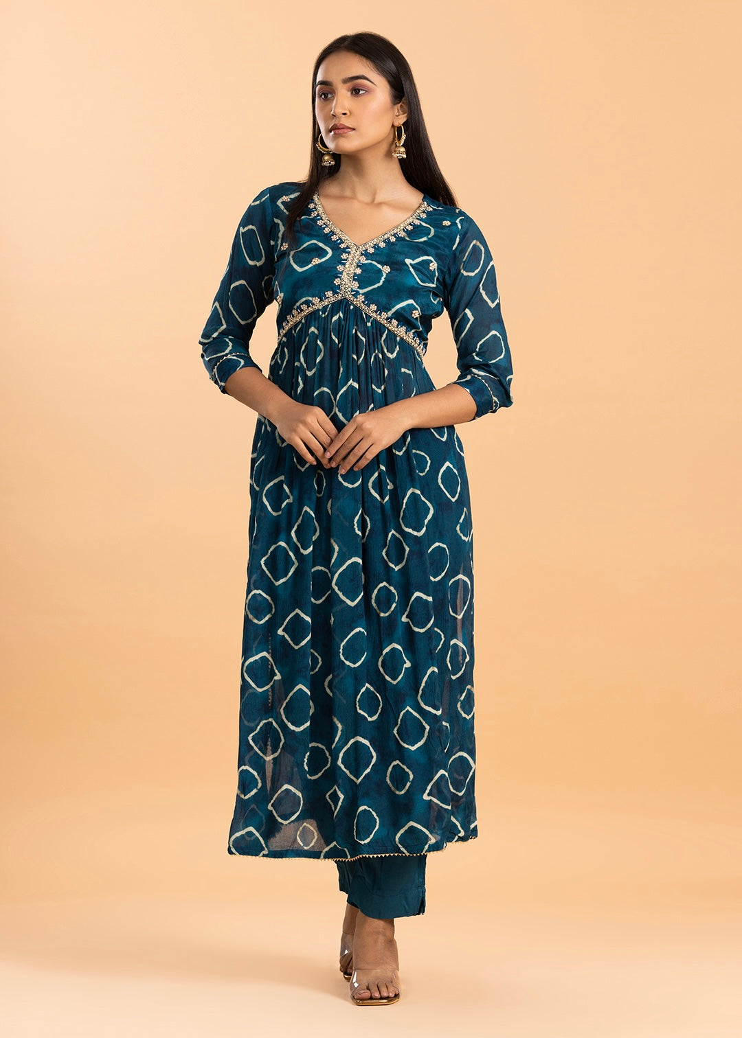 Blue Embroidered Chinon Kurta Set