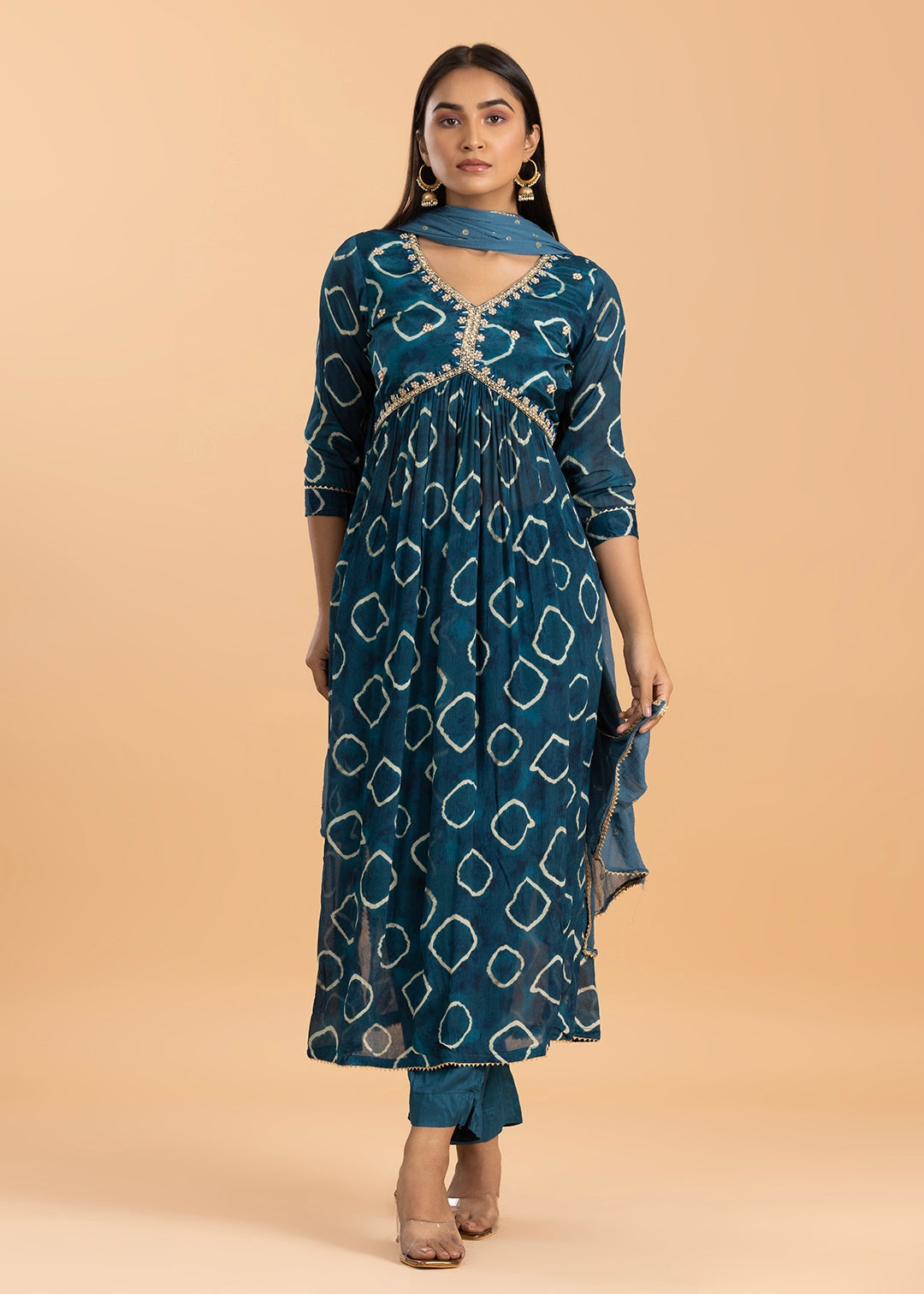 Blue Embroidered Chinon Kurta Set