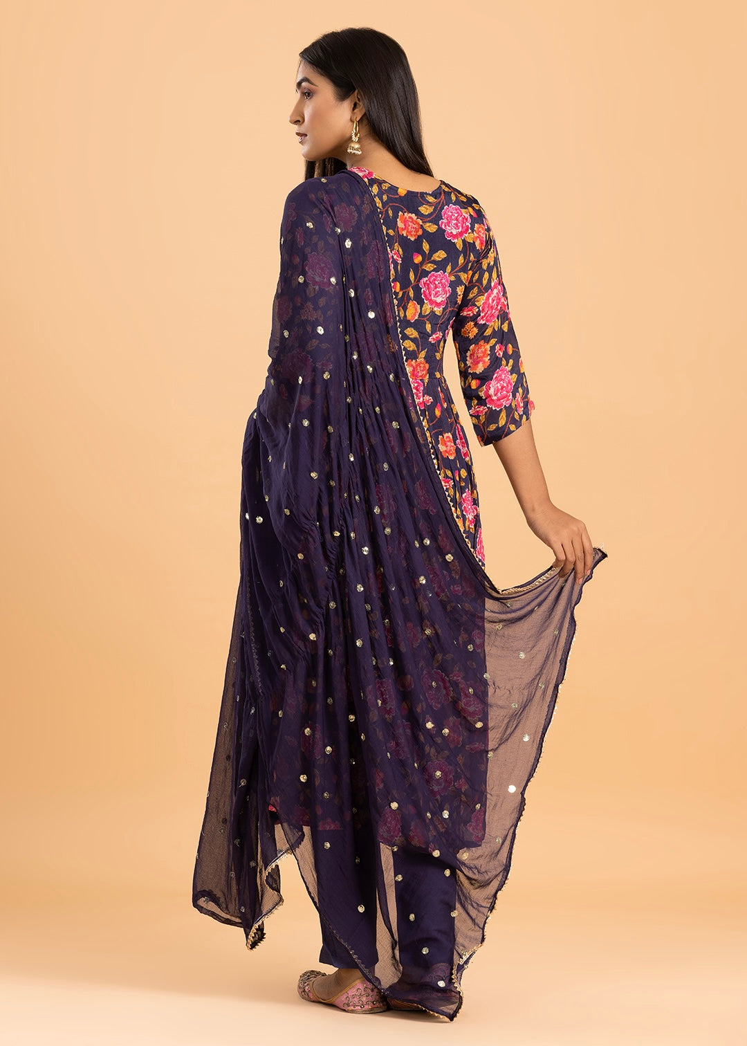 Violet Floral Print Chinon Kurta with Pant and Dupatta