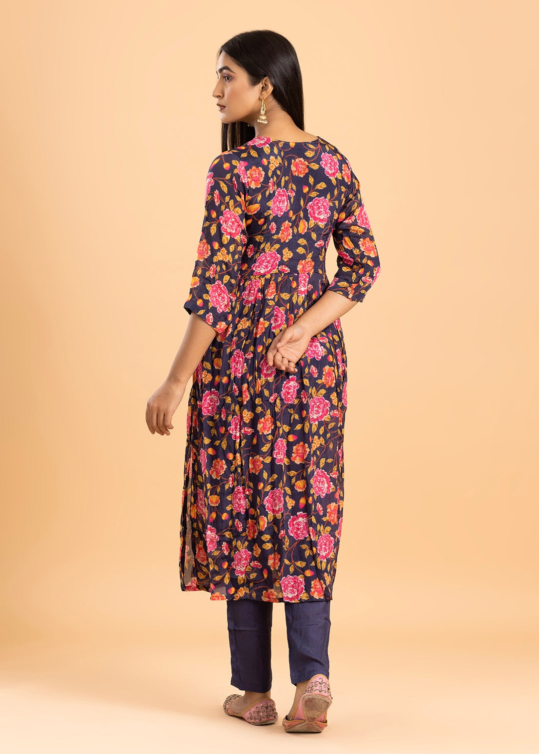 Violet Floral Print Chinon Kurta with Pant and Dupatta