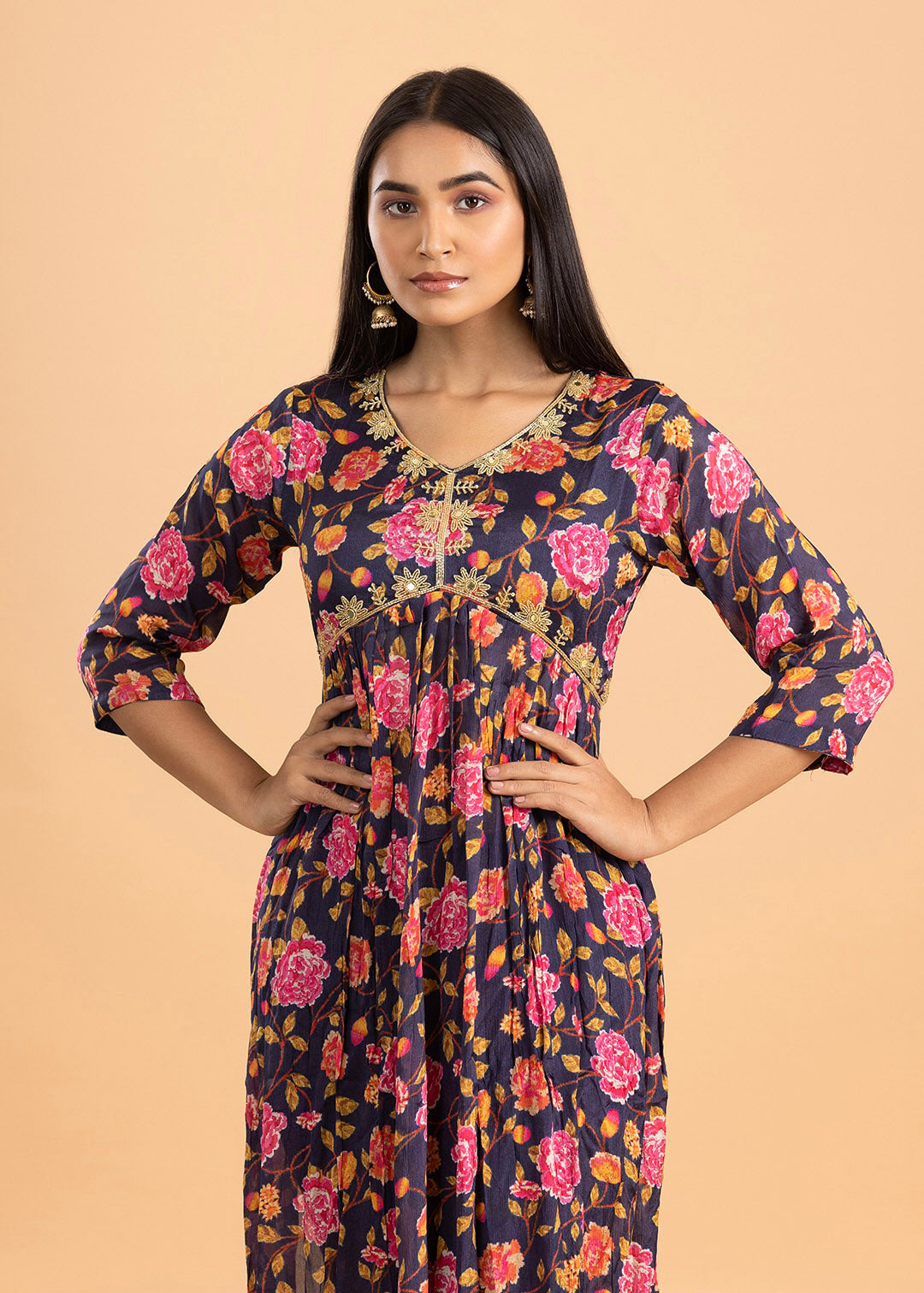 Violet Floral Print Chinon Kurta with Pant and Dupatta