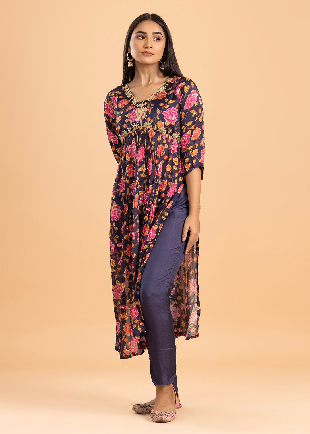 Violet Floral Print Chinon Kurta with Pant and Dupatta