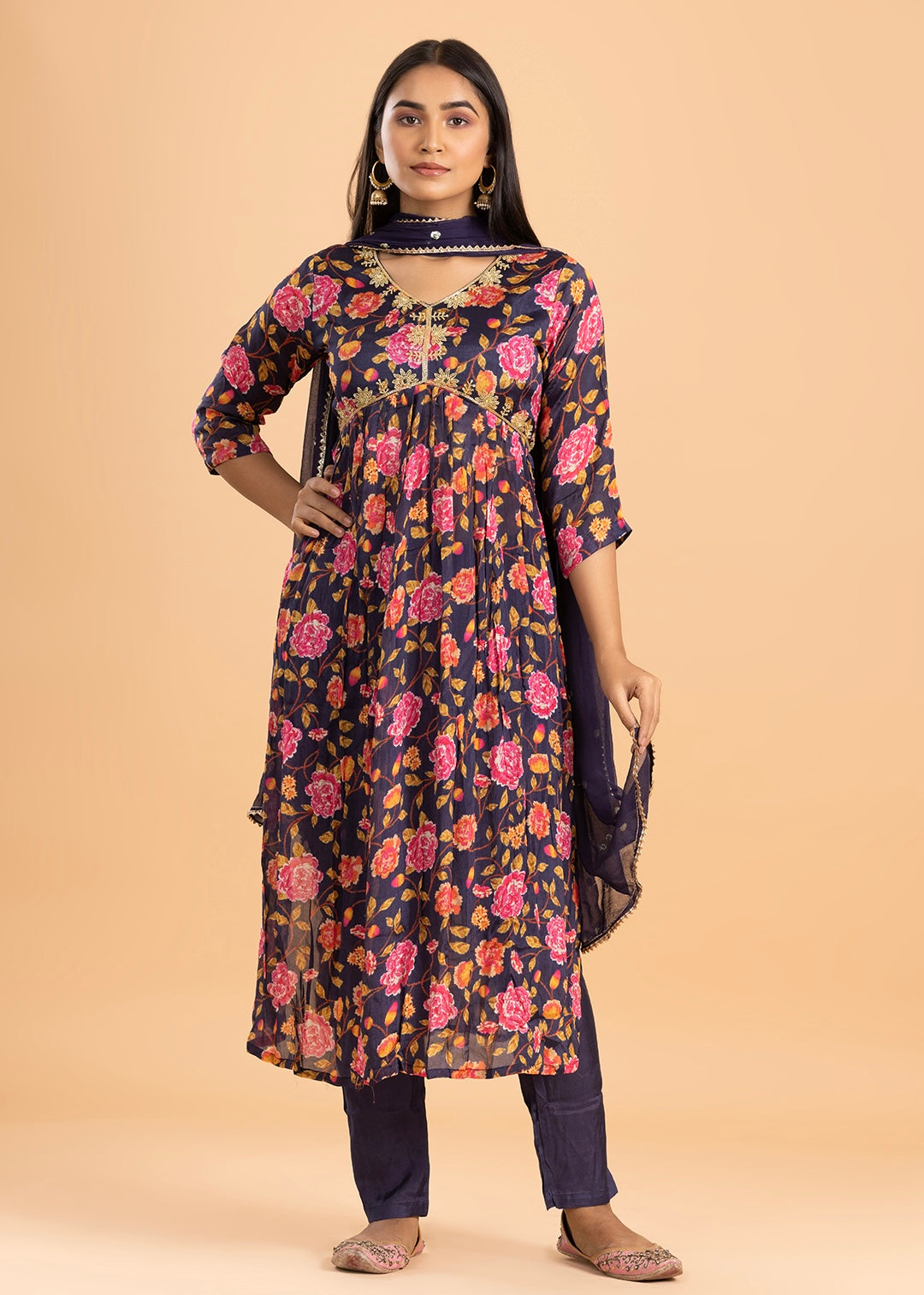 Violet Floral Print Chinon Kurta with Pant and Dupatta