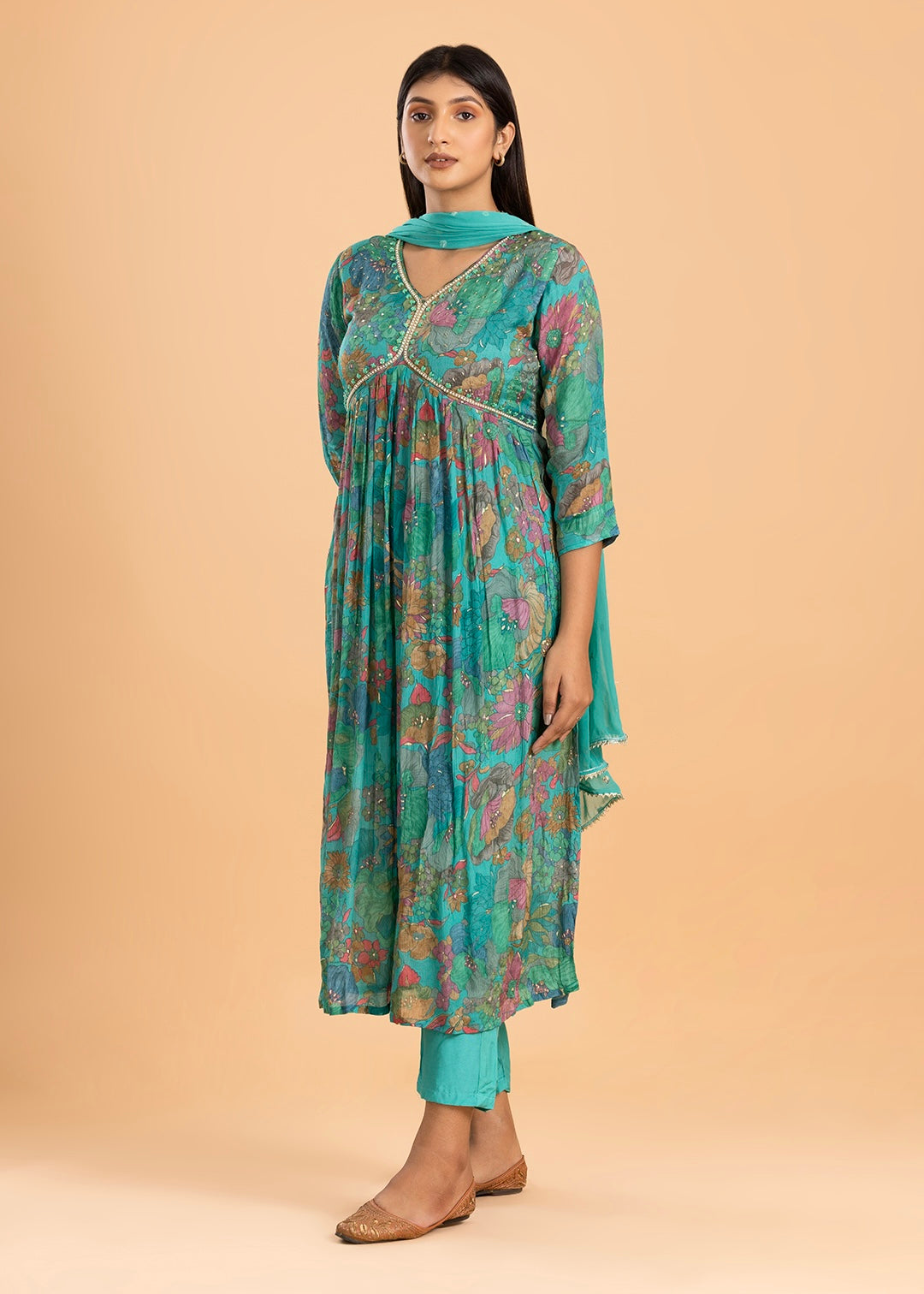 Sea Green Alia Cut Suit in Chinon Fabric