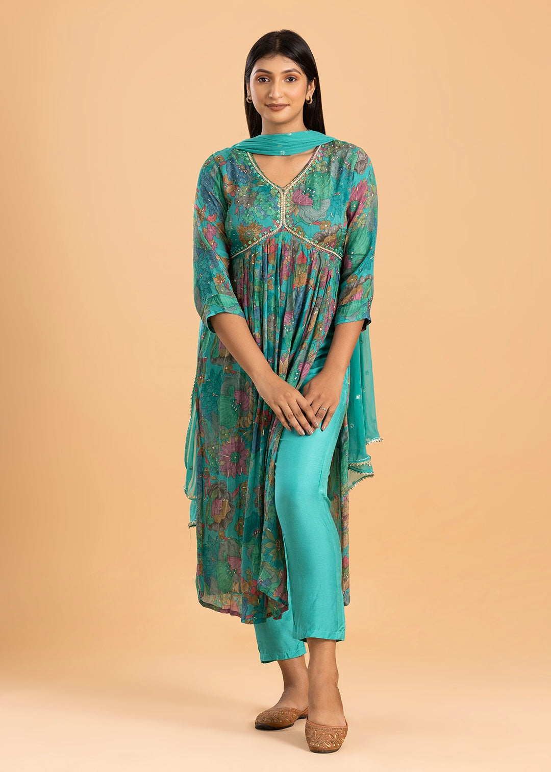 Sea Green Alia Cut Suit in Chinon Fabric