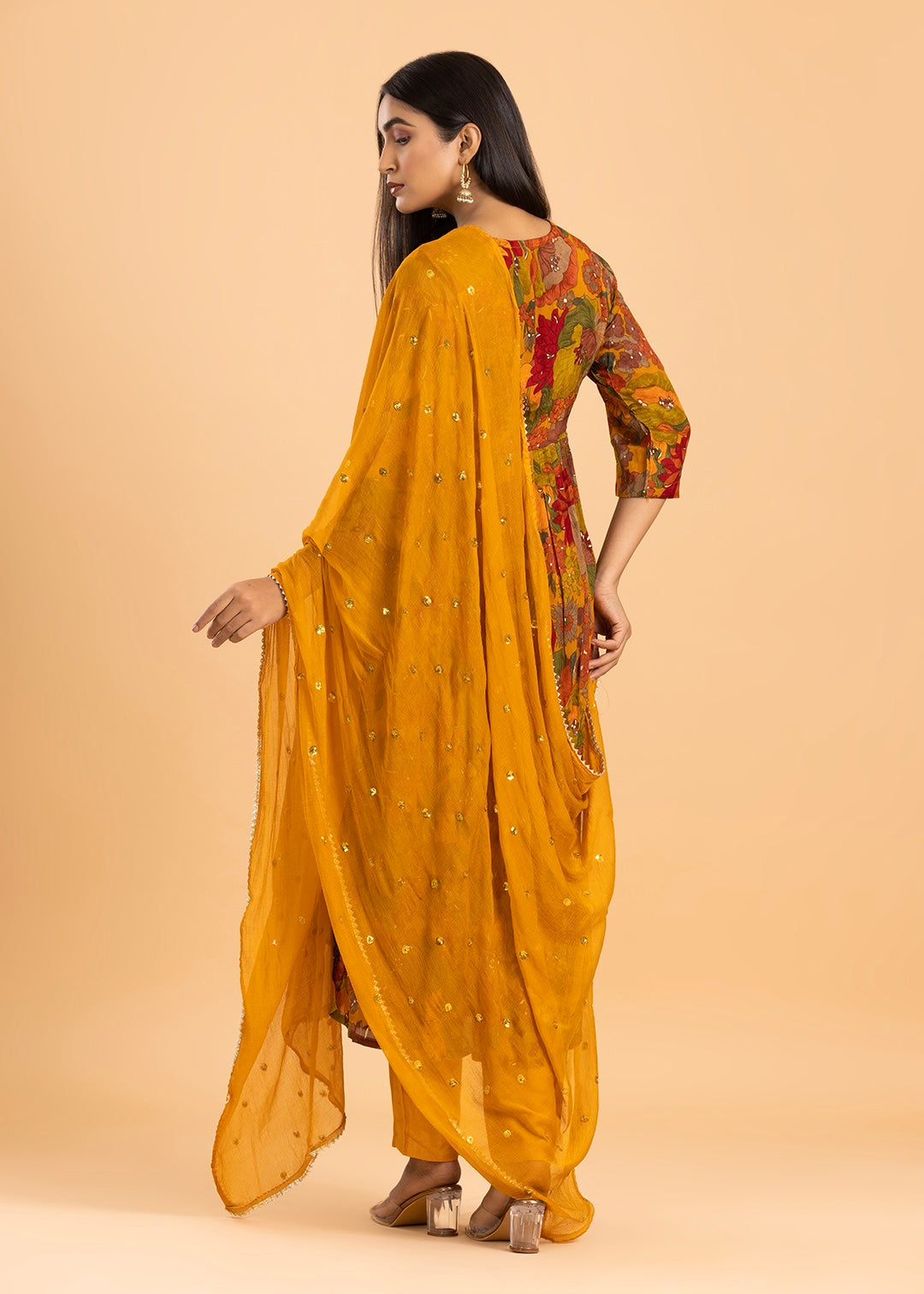 Mustard Yellow Alia Cut Suit in Chinon Fabric