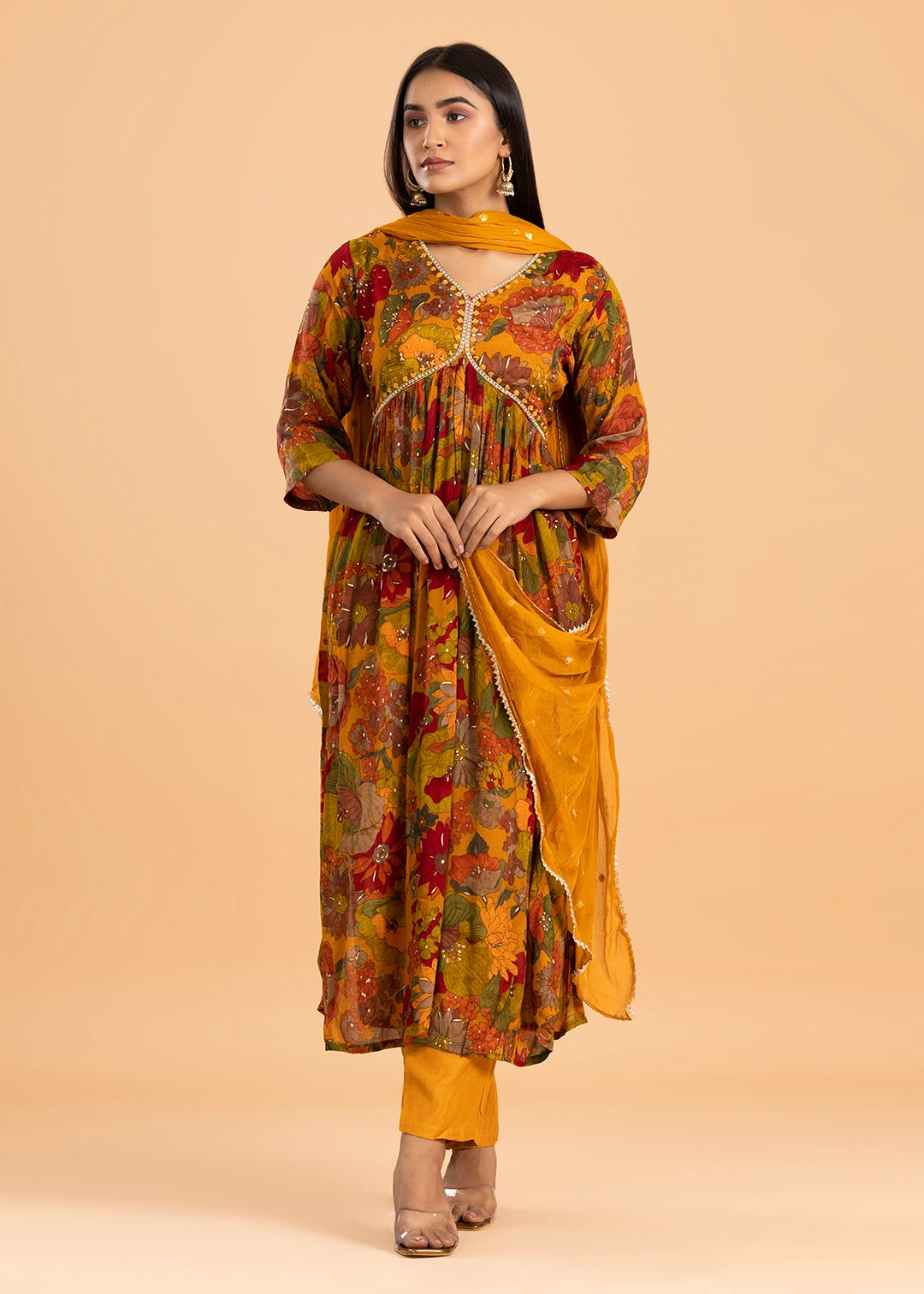 Mustard Yellow Alia Cut Suit in Chinon Fabric