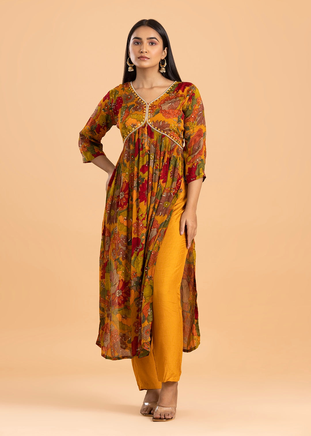 Mustard Yellow Alia Cut Suit in Chinon Fabric