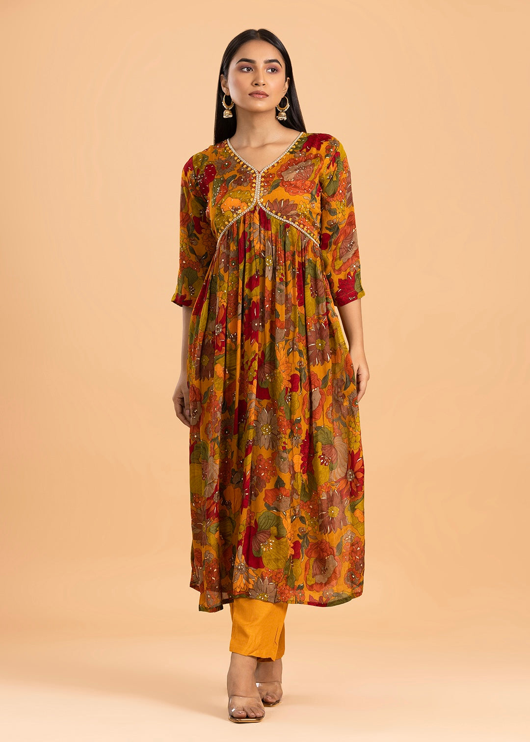 Mustard Yellow Alia Cut Suit in Chinon Fabric