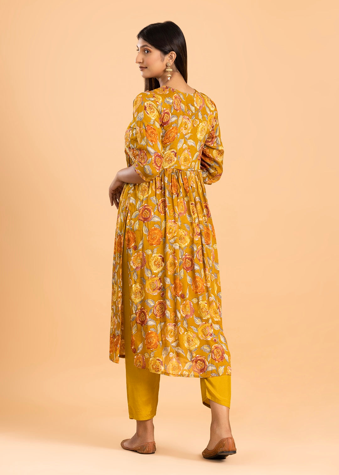 Mustard Printed Chinon Kurta with Pant and Dupatta