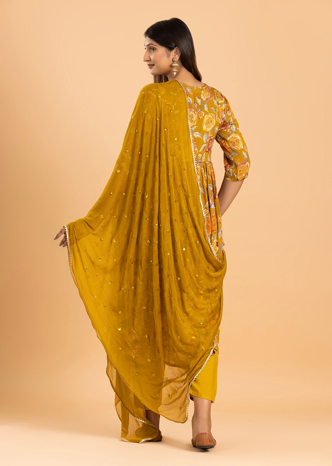 Mustard Printed Chinon Kurta with Pant and Dupatta