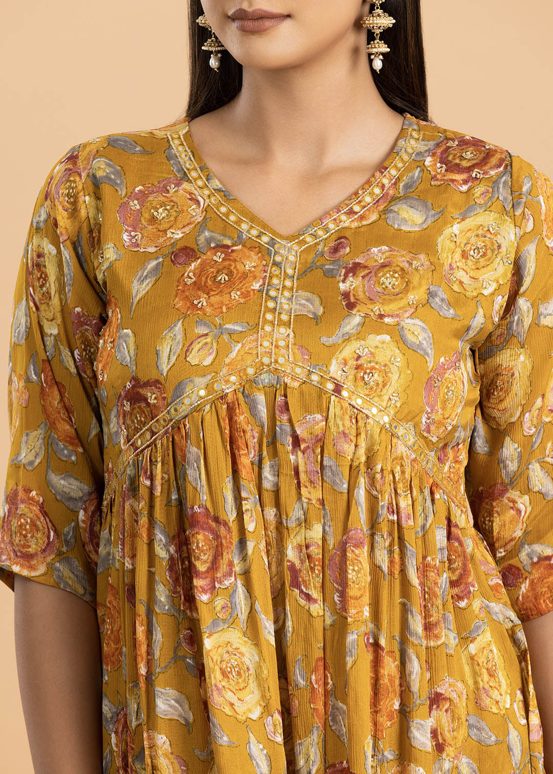 Mustard Printed Chinon Kurta with Pant and Dupatta