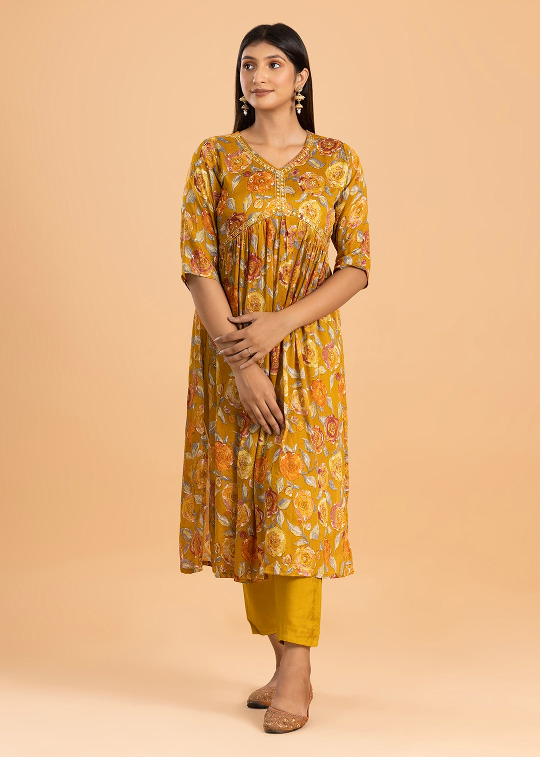 Mustard Printed Chinon Kurta with Pant and Dupatta