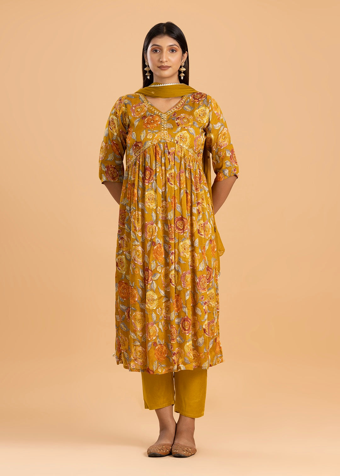 Mustard Printed Chinon Kurta with Pant and Dupatta