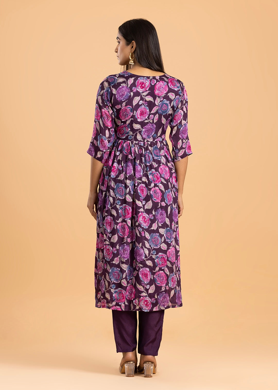 Purple Printed Chinon Kurta with Pant and Dupatta