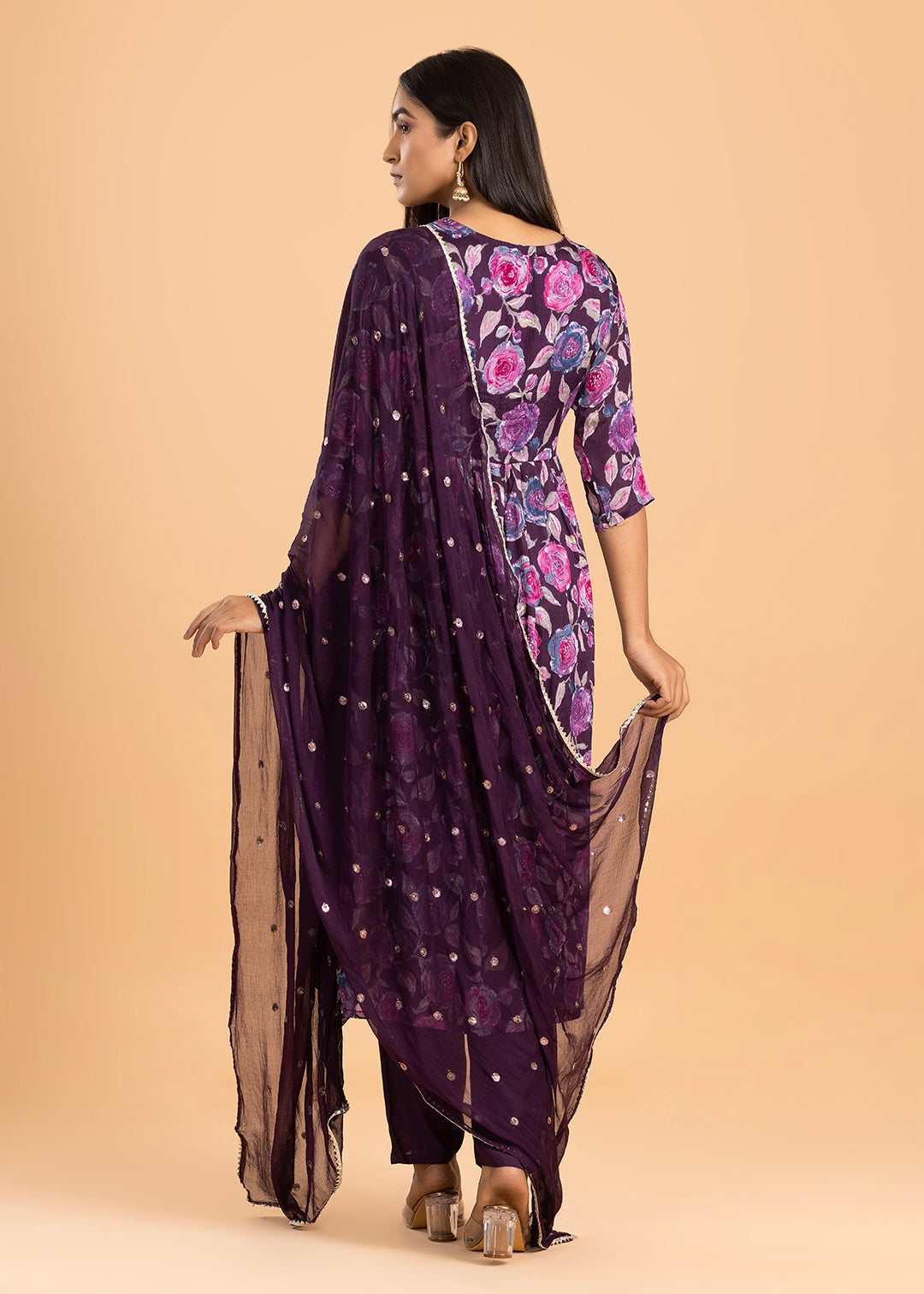 Purple Printed Chinon Kurta with Pant and Dupatta